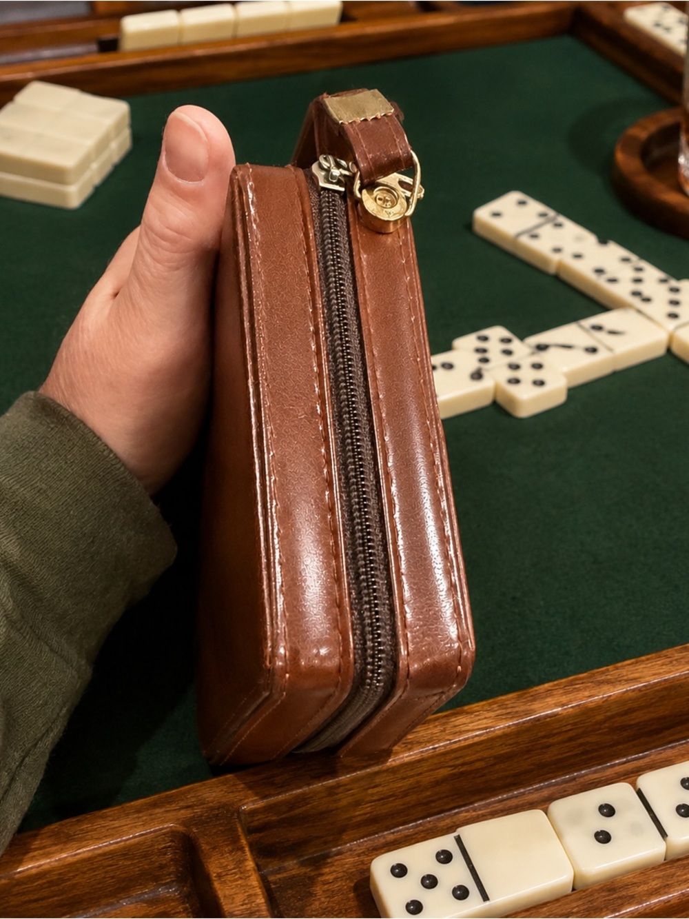 Classic Cream Portable Domino Set in Brown Case - Picture 5 of 7